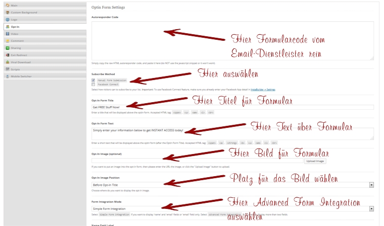 InstaBuilder Leadpages Optin Einstellungen